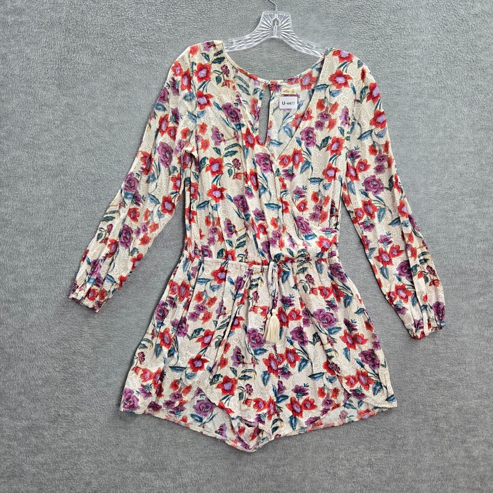 Hollister Women Romper Medium Red‎ Floral Faux Wrap Tasseled Long Sleeve V Neck